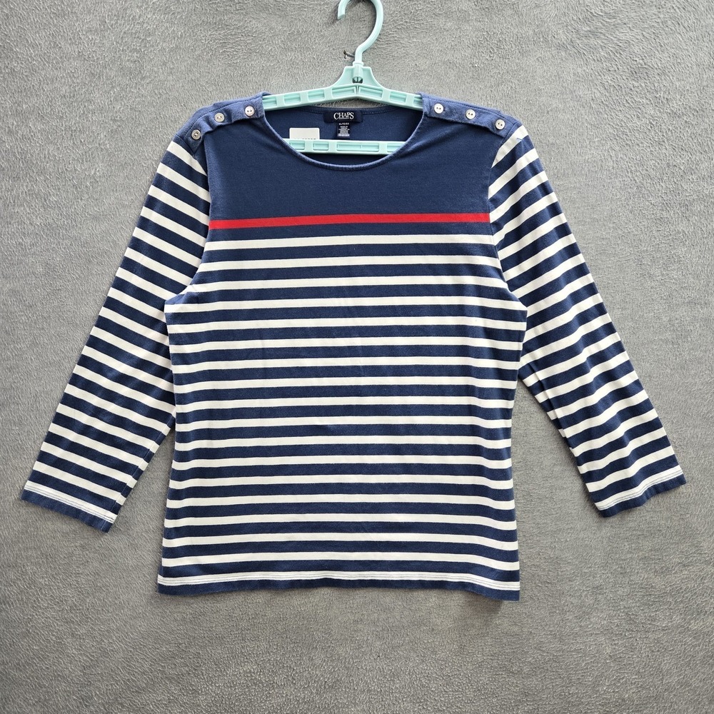 Chaps Women Shirt XL/TG/EG Blue Striped Button Boat Neck Pullover